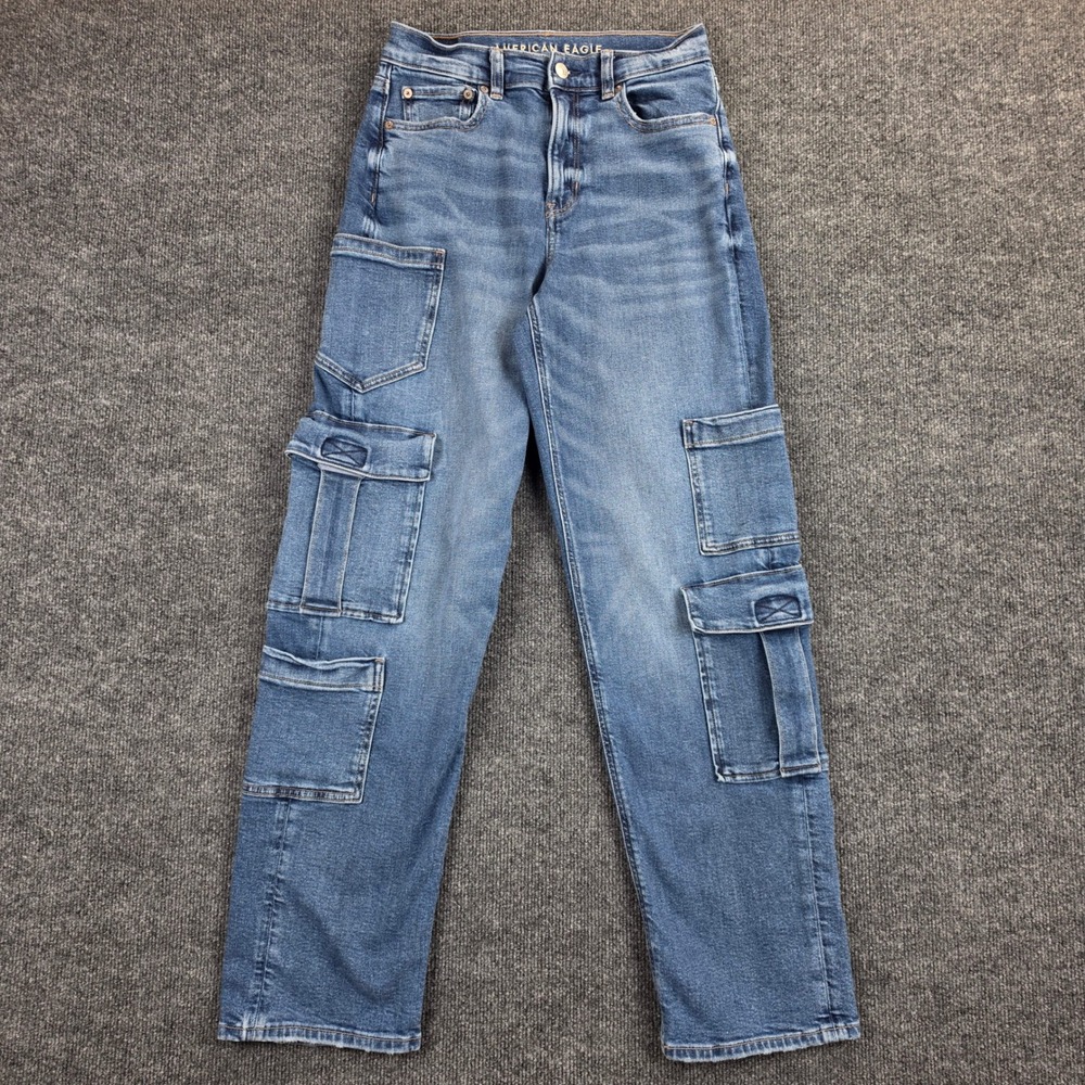 American Eagle Super High-Rise Baggy Straight Jeans Women's 2 Cargo Med Wash